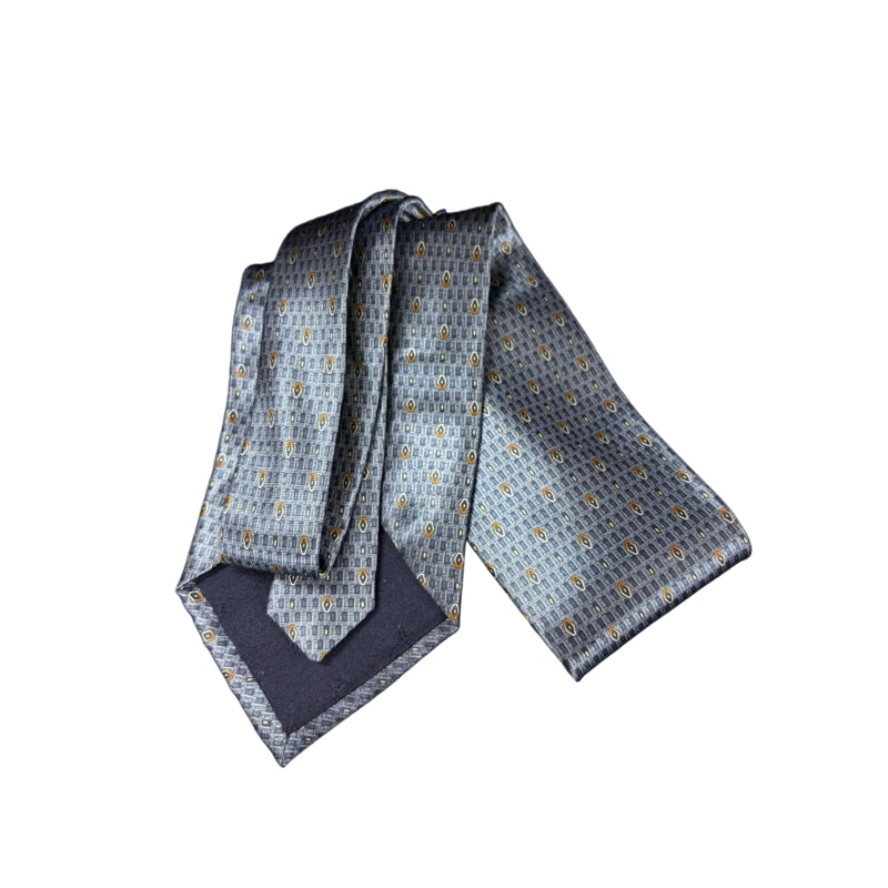 GIANNI VERSACE Micro Geometric Dot Jacquard 100% Pure Silk Tie Blue Gray Gold Accents Round Gold Tone GV Metal Plaque Detail Elegant Formal Business Necktie Luxury Vintage Accessory