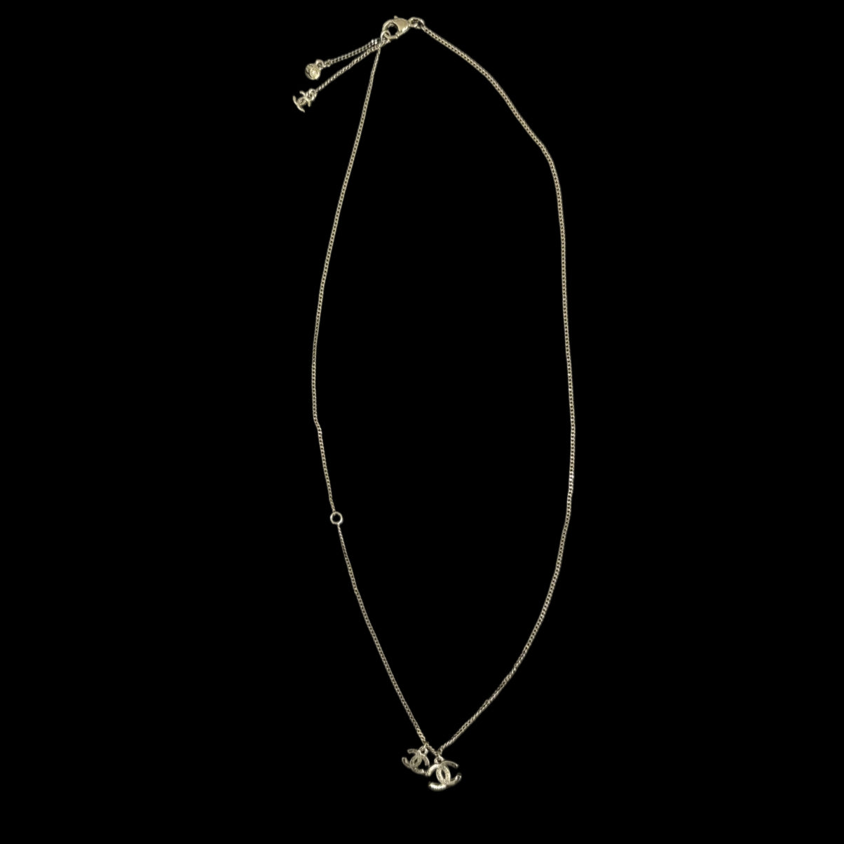 CHANEL Silver Alloy Black Pave Crystal Double CC Pendant Necklace