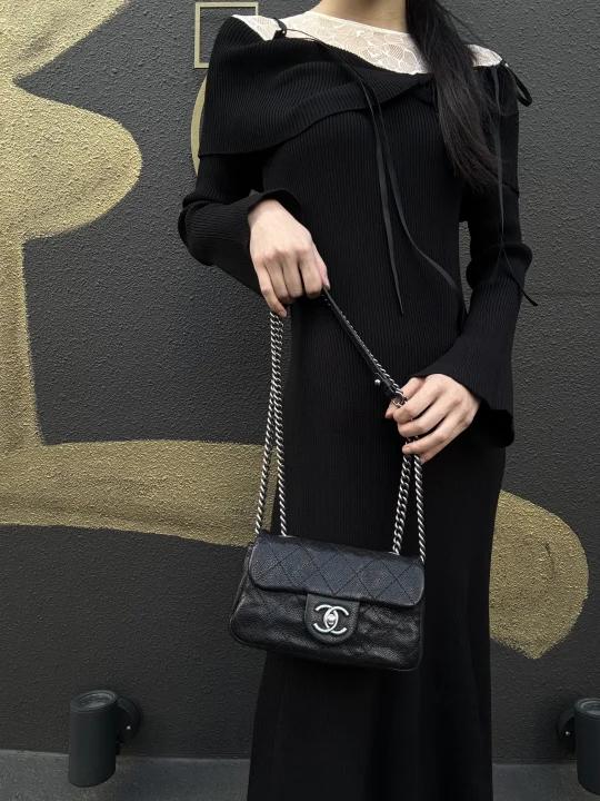 CHANEL Classic Flap (CF) Matelasse Shoulder Bag, Black Caviar Leather, Silver-Tone Hardware