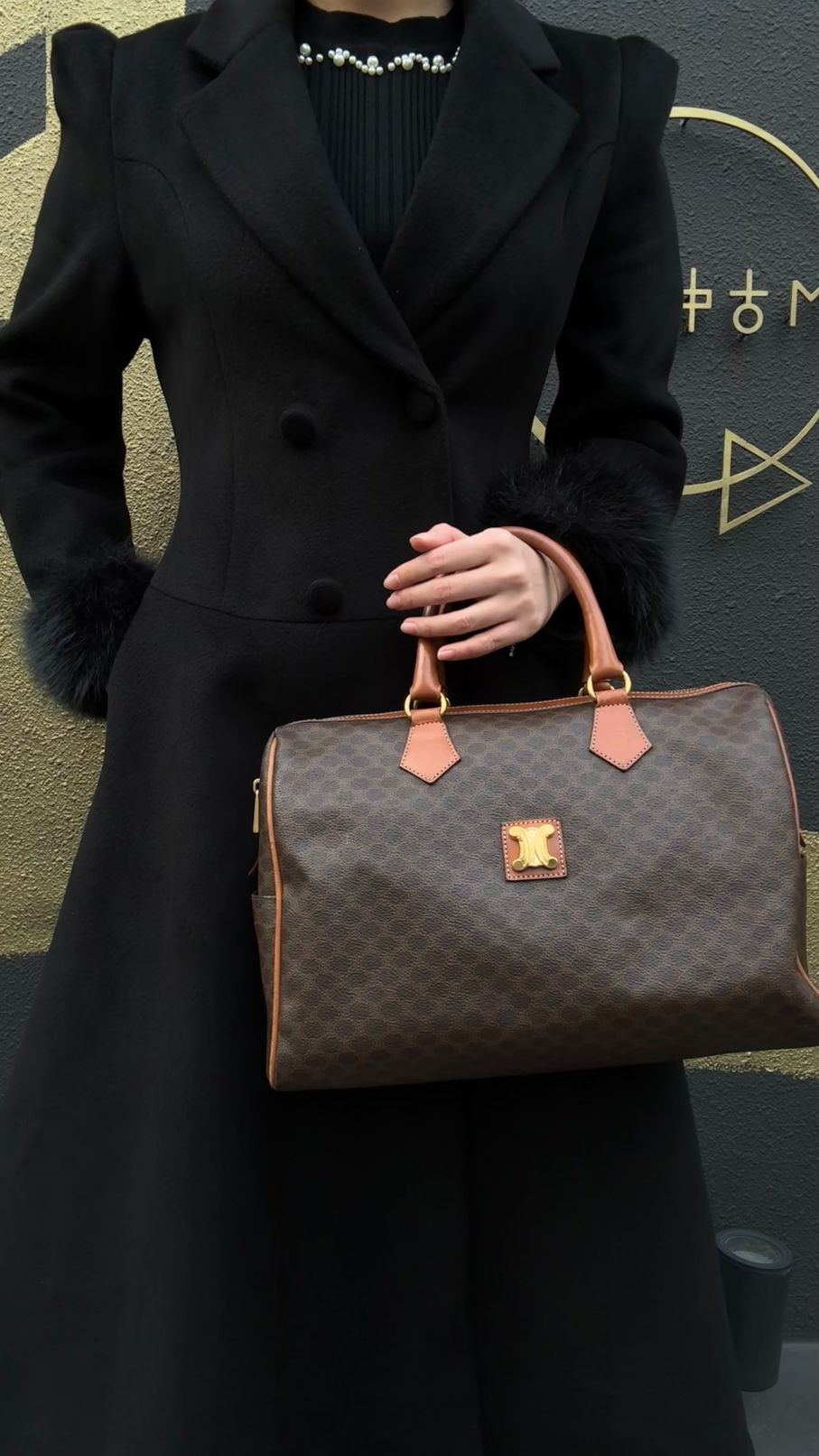 CELINE Macadam Mini Boston Bag, Brown, Gold Hardware, CELINE Monogram PVC Boston Handbag