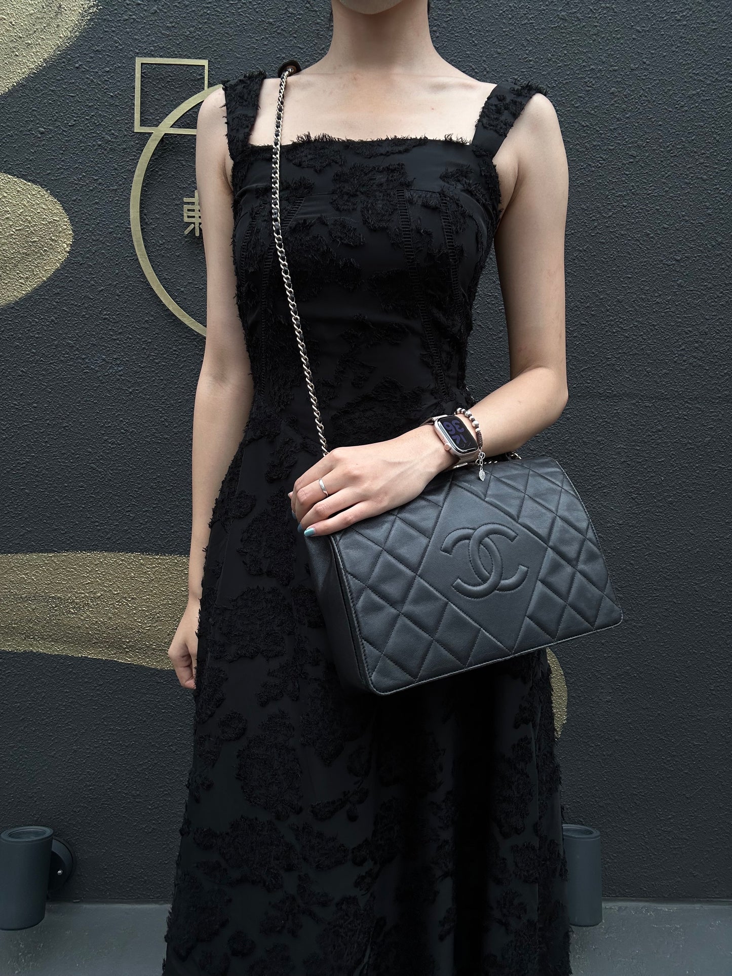 CHANEL Matelassé Chain Tote Shoulder Bag Lambskin Black Large Double CC Logo