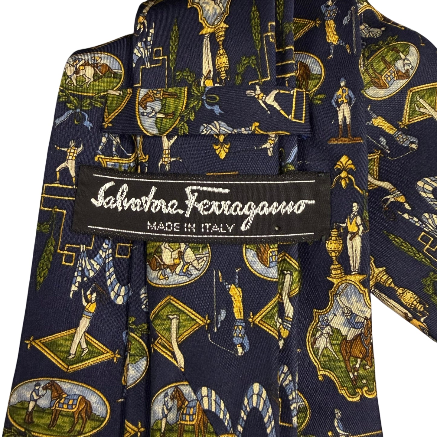 FERRAGAMO  Equestrian Print Silk Tie Navy Multicolor