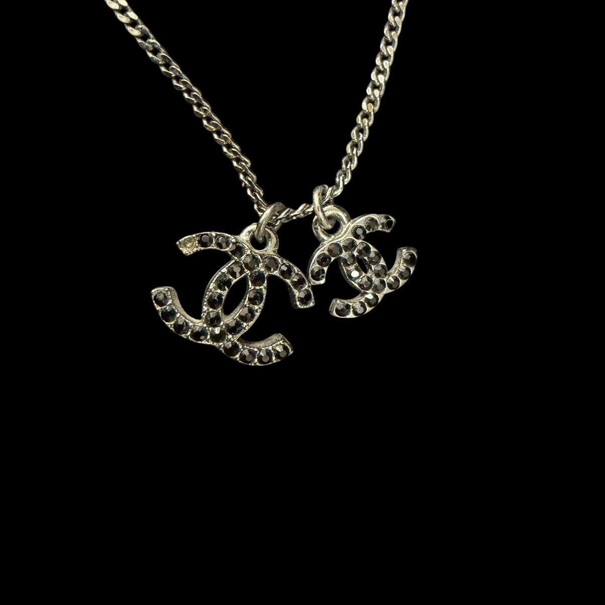 CHANEL Silver Alloy Black Pave Crystal Double CC Pendant Necklace