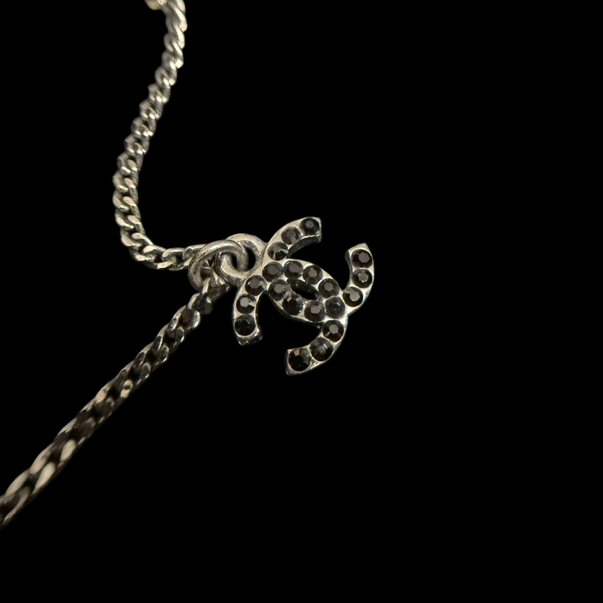 CHANEL Silver Alloy Black Pave Crystal Double CC Pendant Necklace