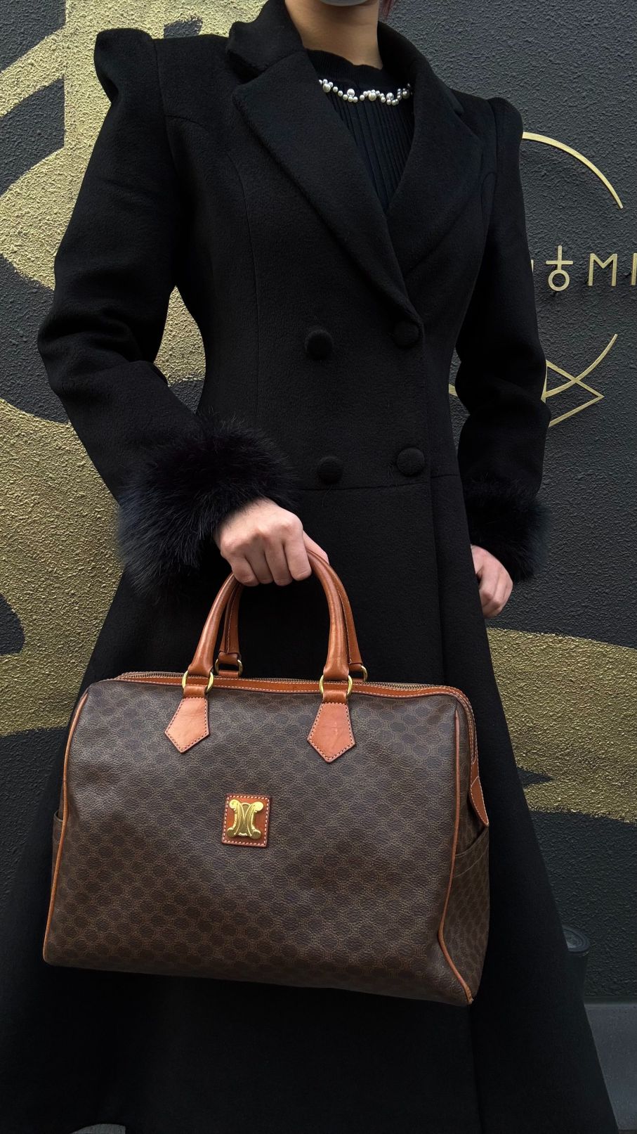 CELINE Macadam Mini Boston Bag, Brown, Gold Hardware, CELINE Monogram PVC Boston Handbag