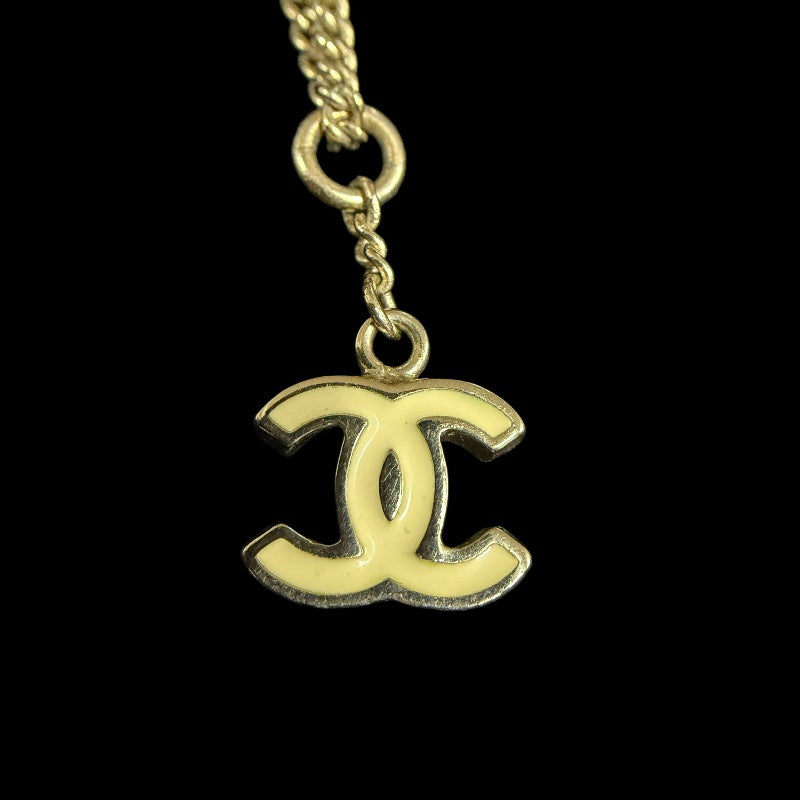 CHANEL Coco Mark Necklace Accessory Gold Ivory Enamel Double C Pendant Stamped
