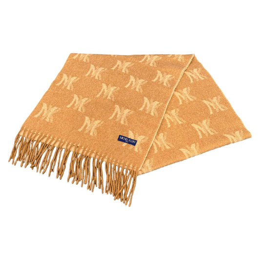 MICHEL KLEN Muffler Scarf Wool Light Brown MK All-over Logo Pattern Fringe Autumn Winter Warm
