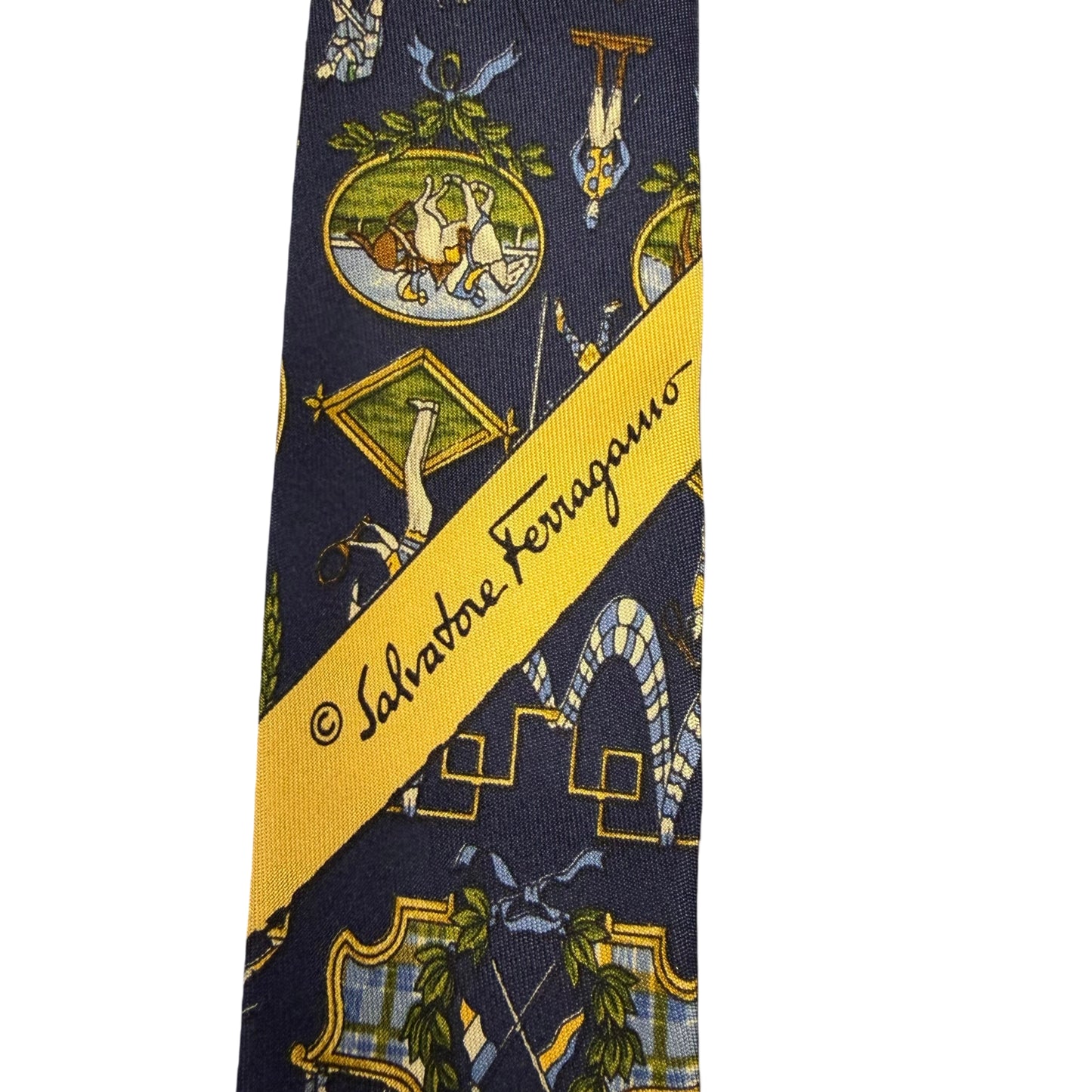 FERRAGAMO  Equestrian Print Silk Tie Navy Multicolor