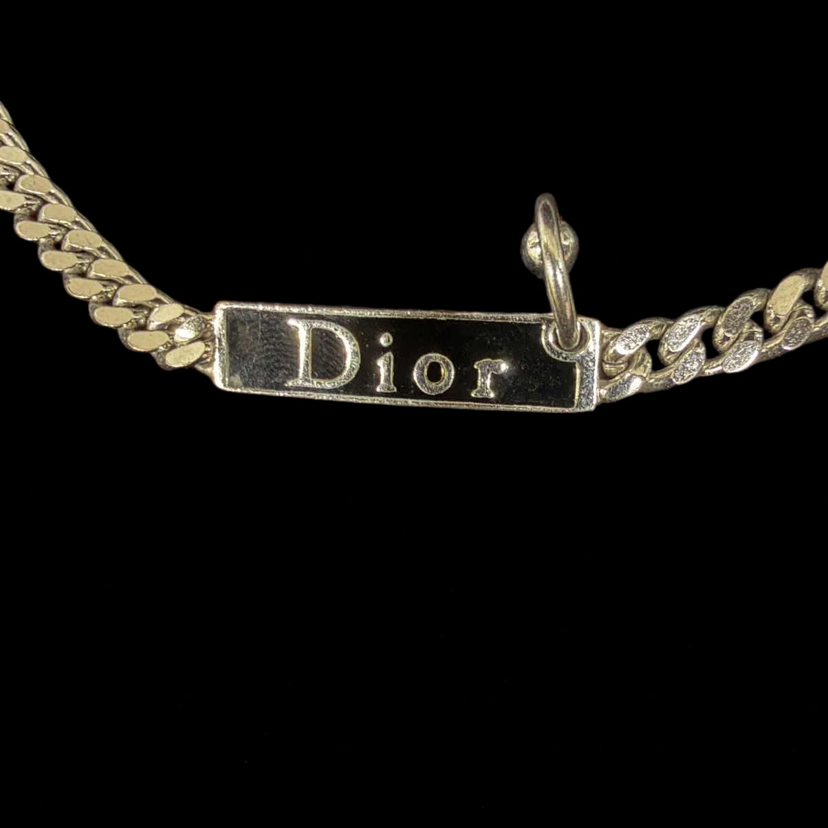 DIOR Silver Cuban Chain Embossed Logo Bar Necklace