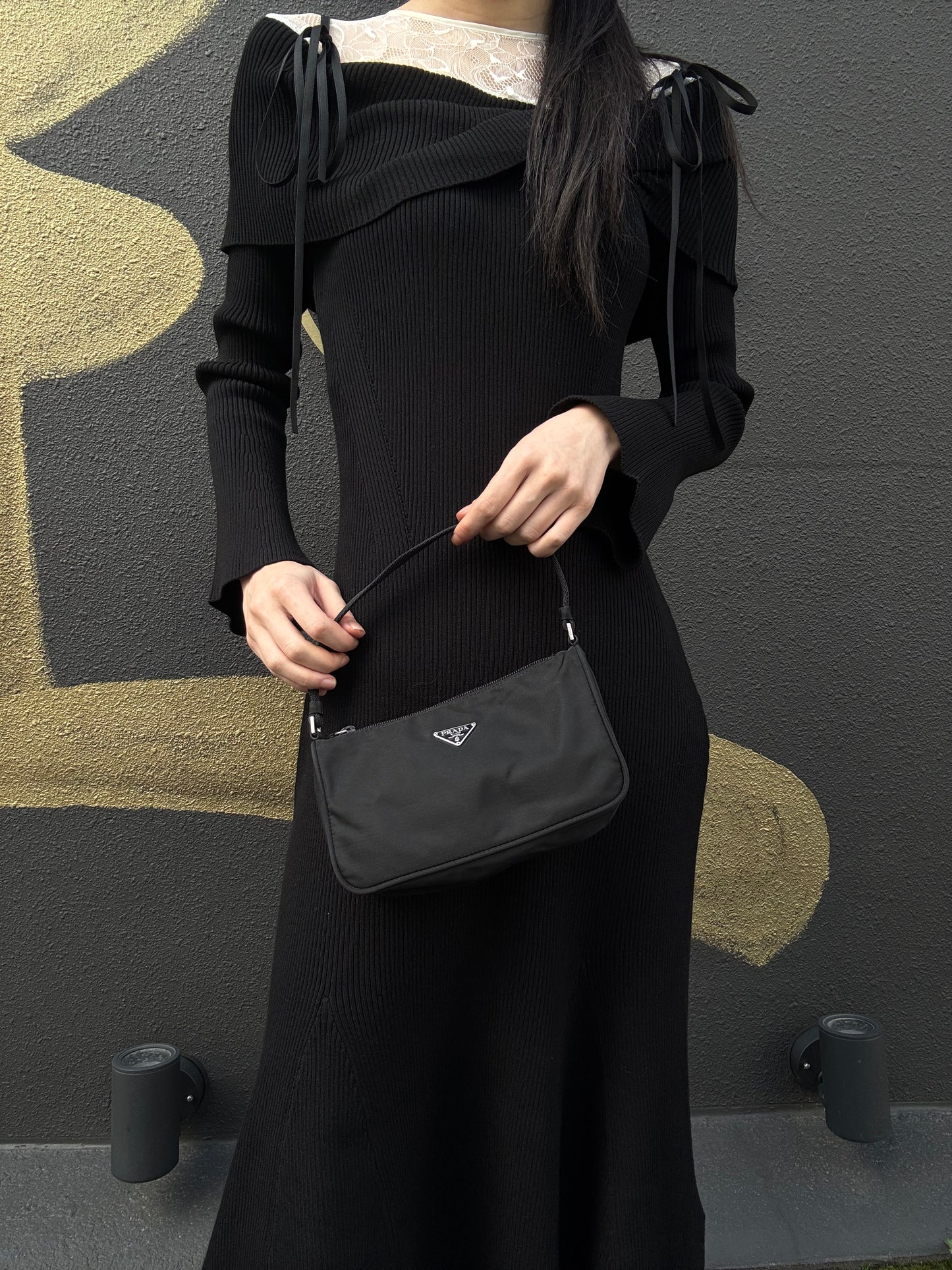 PRADA Handbag, Nylon Material, Black with Silver-Tone Hardware