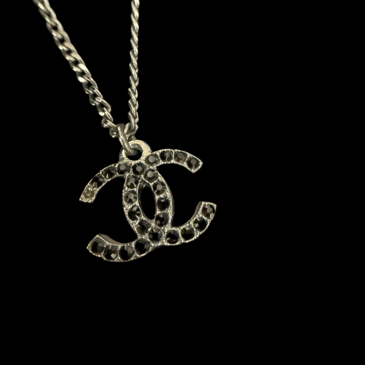 CHANEL Silver Alloy Black Pave Crystal Double CC Pendant Necklace