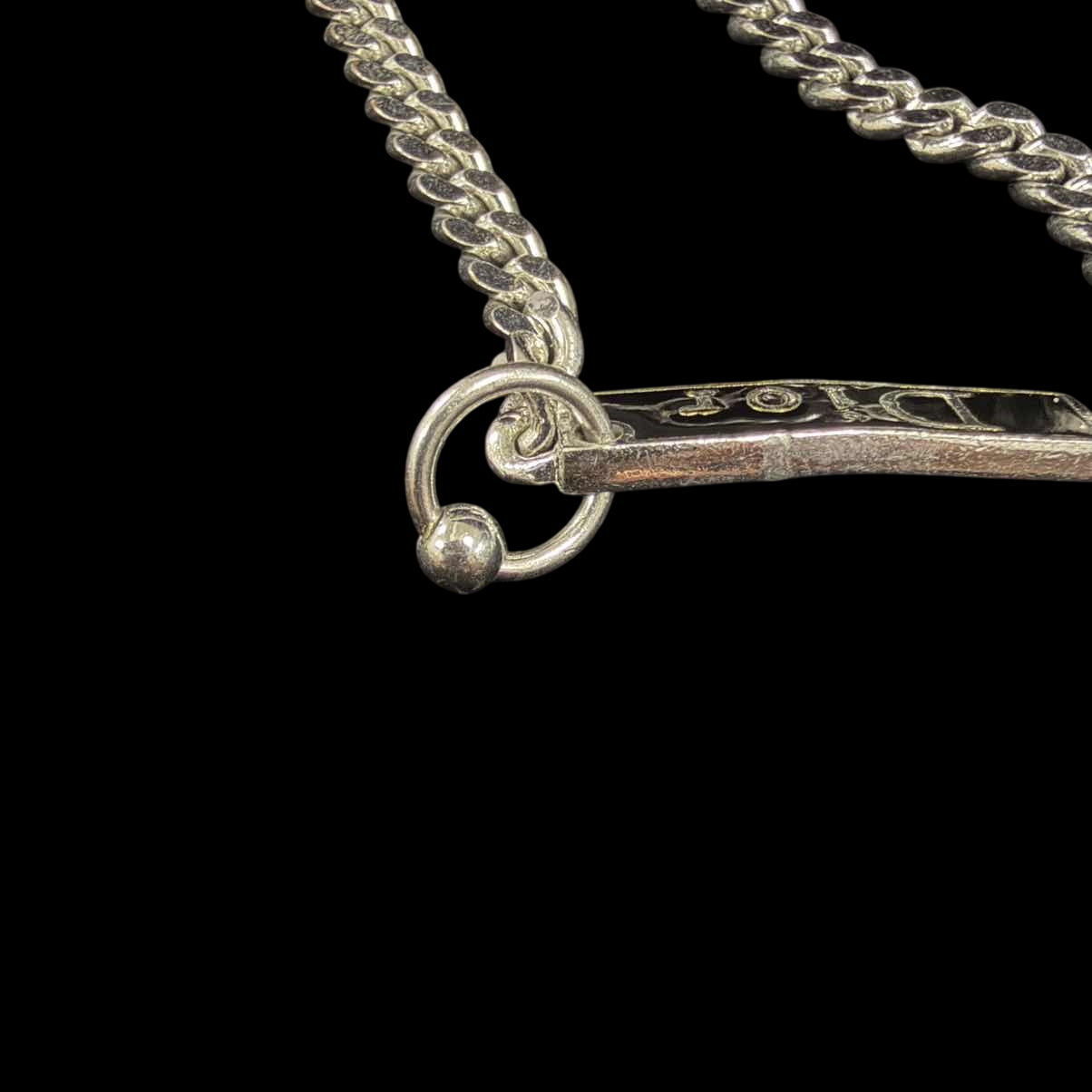 DIOR Silver Cuban Chain Embossed Logo Bar Necklace