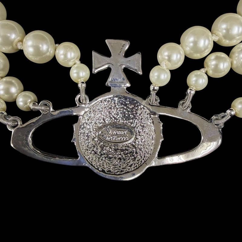 VIVIENNE WESTWOOD 3-Layer Pearl Full Crystal Inlaid Saturn Orb Choker Necklace With Silver Hardware