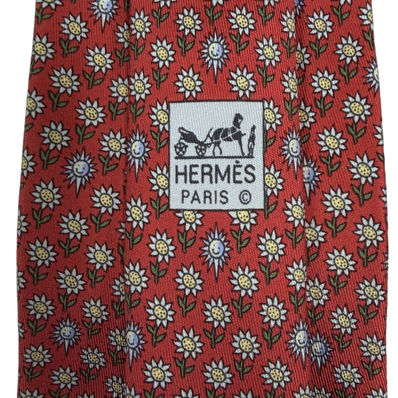 HERMES  Floral Print Silk Tie Red