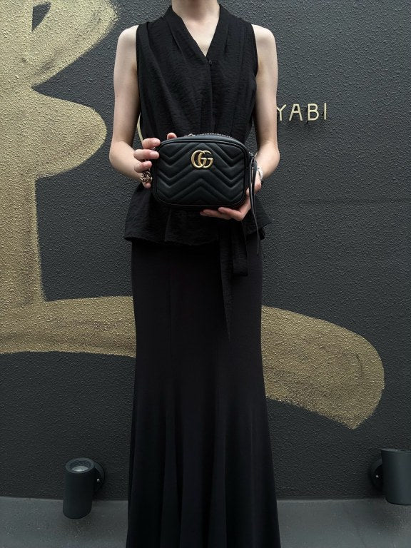 GUCCI GG Marmont Camera Bag, Lambskin, Black, Gold Hardware