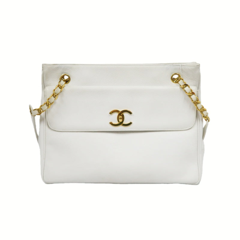 CHANEL Chain Shoulder Bag, White Caviar Leather, Gold Hardware, with Guarantee Card