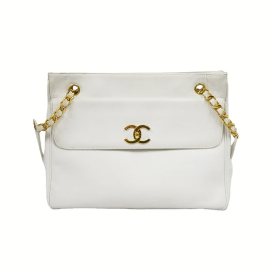CHANEL Chain Shoulder Bag, White Caviar Leather, Gold Hardware, with Guarantee Card