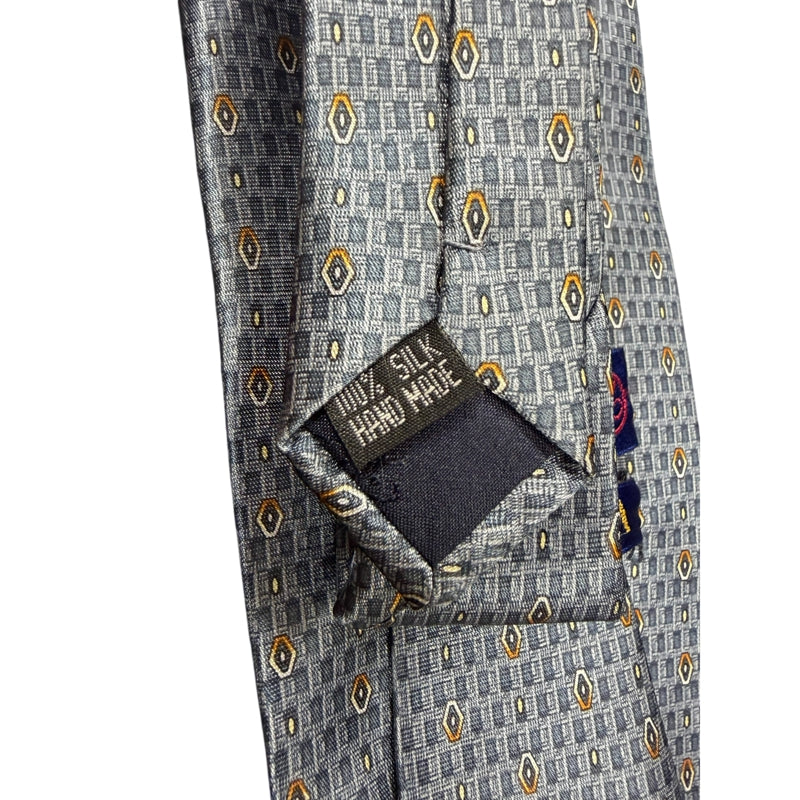 GIANNI VERSACE Micro Geometric Dot Jacquard 100% Pure Silk Tie Blue Gray Gold Accents Round Gold Tone GV Metal Plaque Detail Elegant Formal Business Necktie Luxury Vintage Accessory