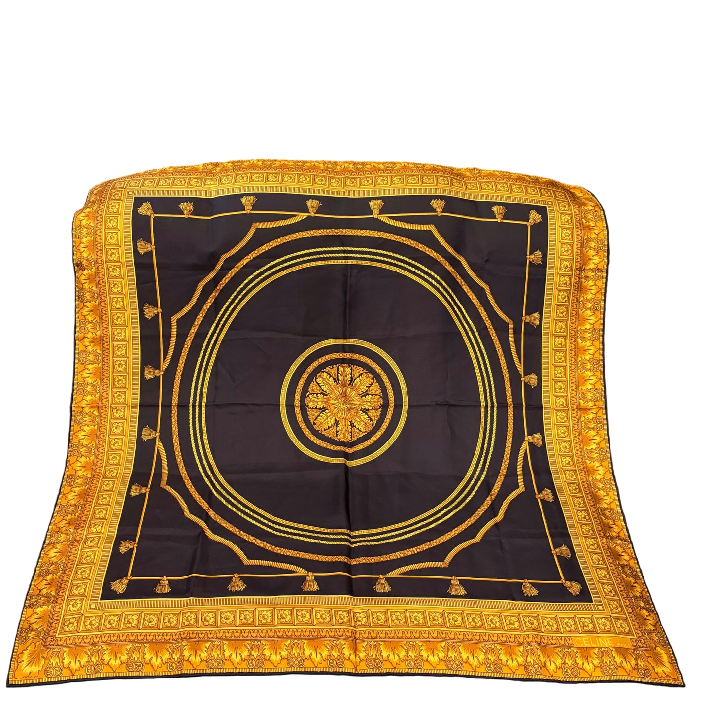 CELINE Vintage Baroque Royal Ornate Large Silk Scarf Black Gold Yellow Classic Pattern 100% Pure Silk Luxury Elegant Collectible Accessory