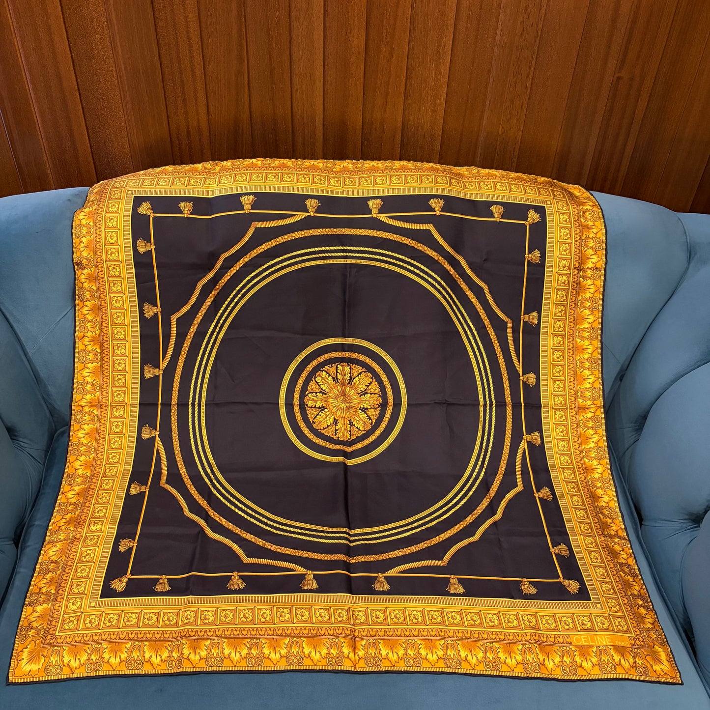 CELINE Vintage Baroque Royal Ornate Large Silk Scarf Black Gold Yellow Classic Pattern 100% Pure Silk Luxury Elegant Collectible Accessory