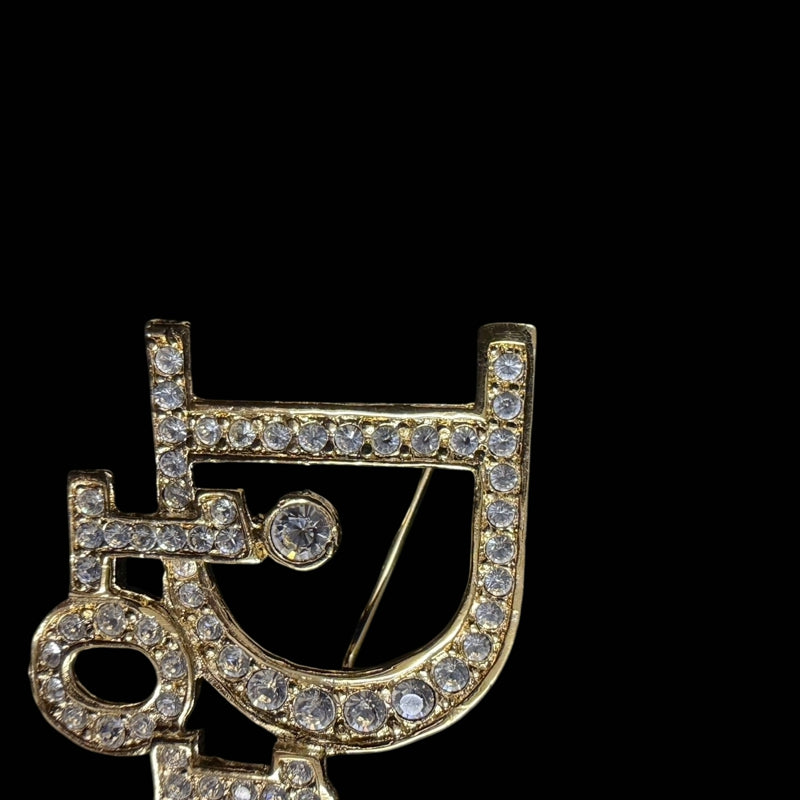DIOR Gold Alloy Full Crystal Inlaid Logo Brooch, Comes With Original Case
