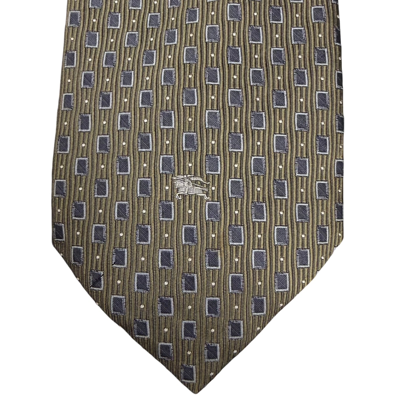 BURBERRY Equestrian Knight Geometric Pattern Silk Tie Khaki Gray