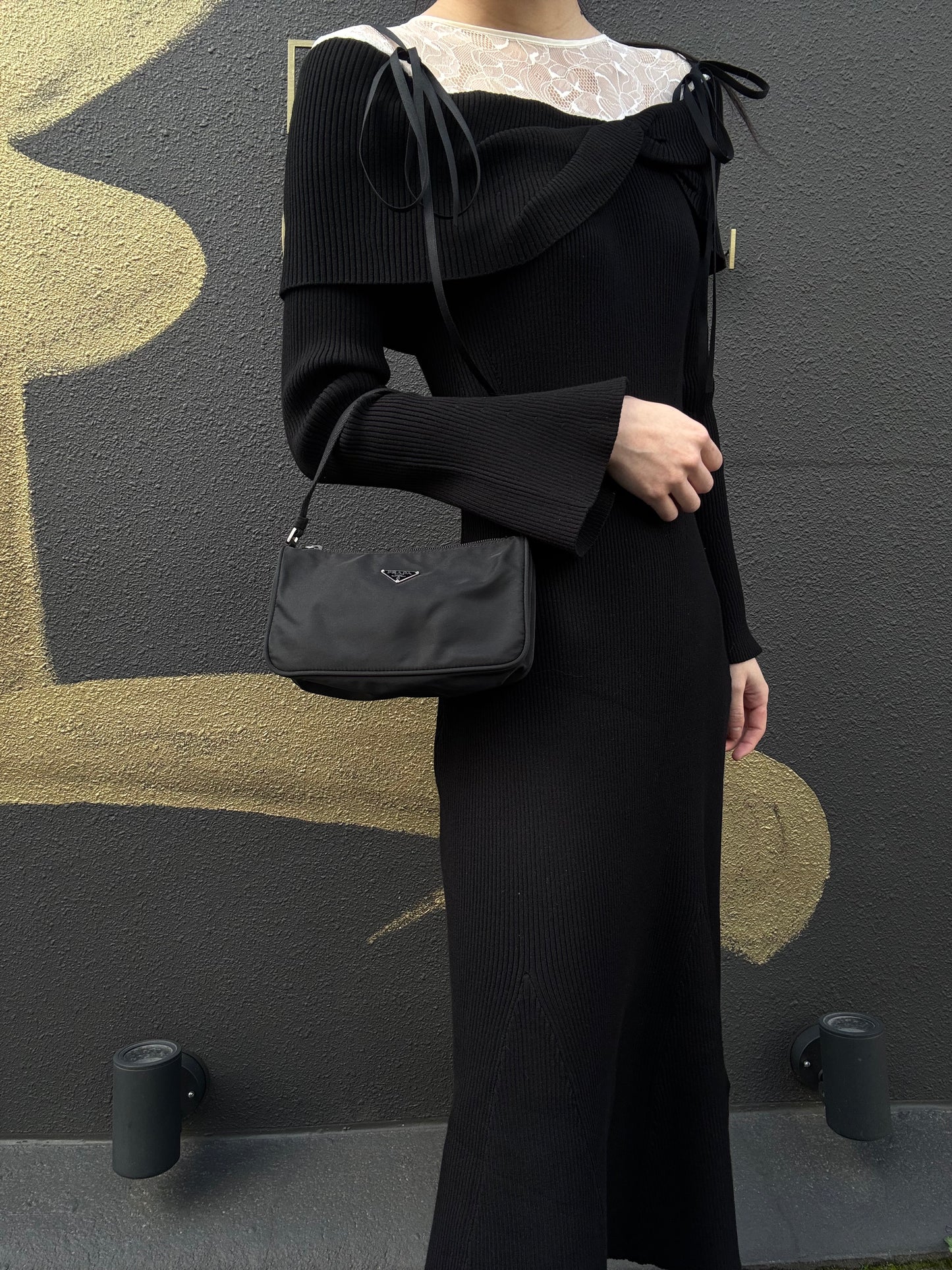 PRADA Handbag, Nylon Material, Black with Silver-Tone Hardware