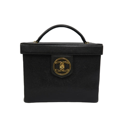 CHANEL Black Caviar Leather Vanity Bag with Coco Mark, Gold Hardware, Shoulder Strap & Guarantee CardCHANEL Black Caviar Leather Vanity Bag with Coco Mark, Gold Hardware, Shoulder Strap & Guarantee Card