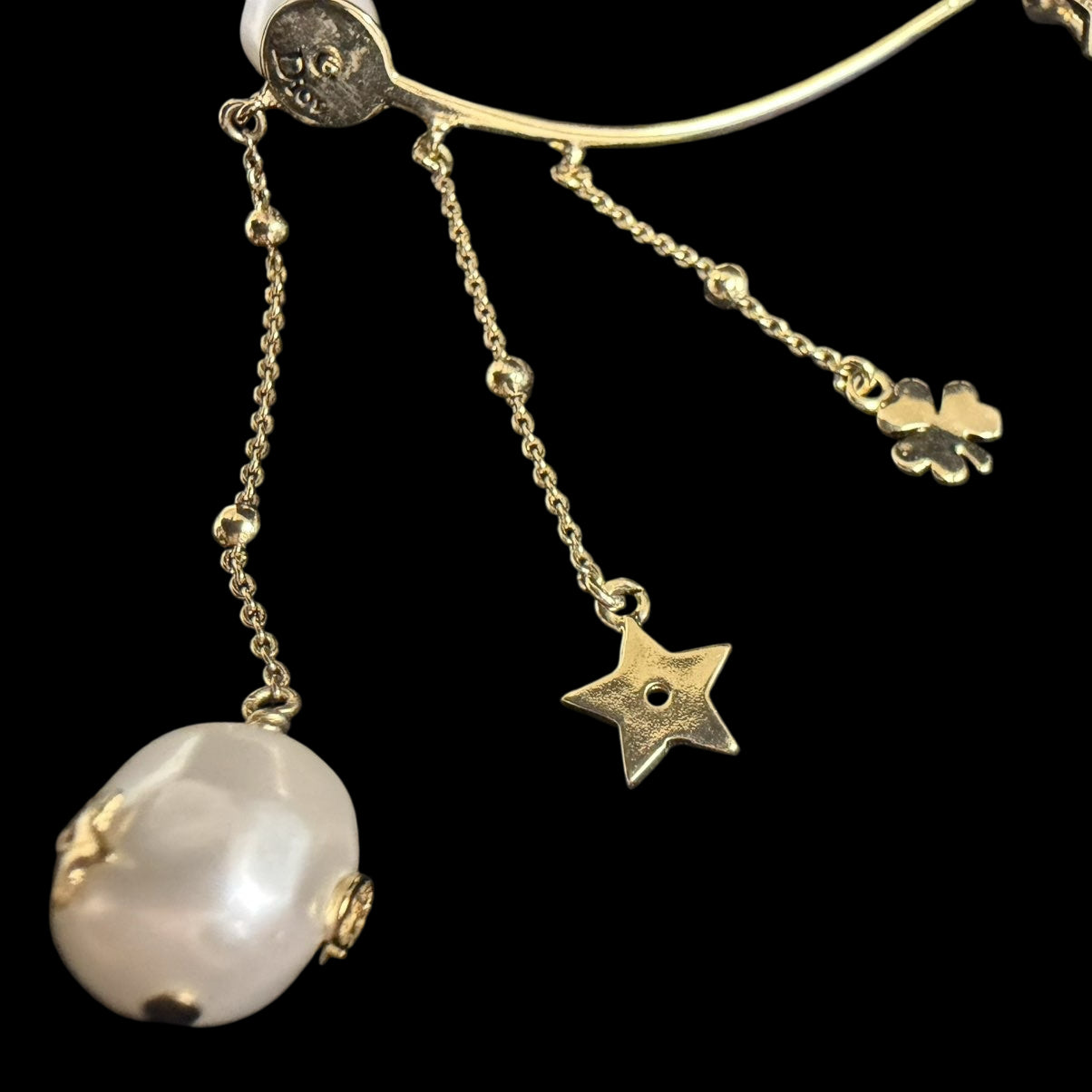 CHRISTIAN DIOR Single Earring Ear Cuff Faux Pearl Gold Metal Star Clover Tassel Charm Cute Elegant