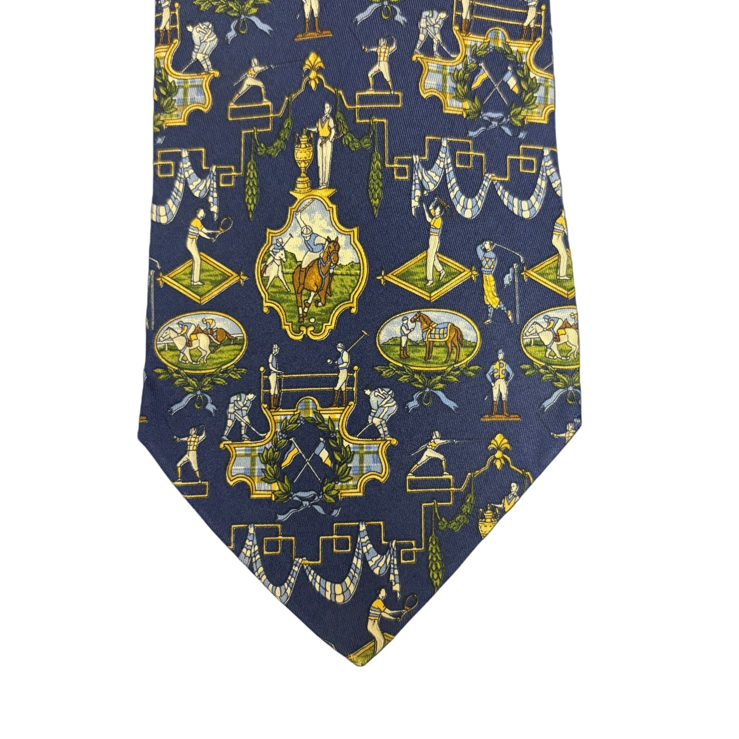 FERRAGAMO  Equestrian Print Silk Tie Navy Multicolor