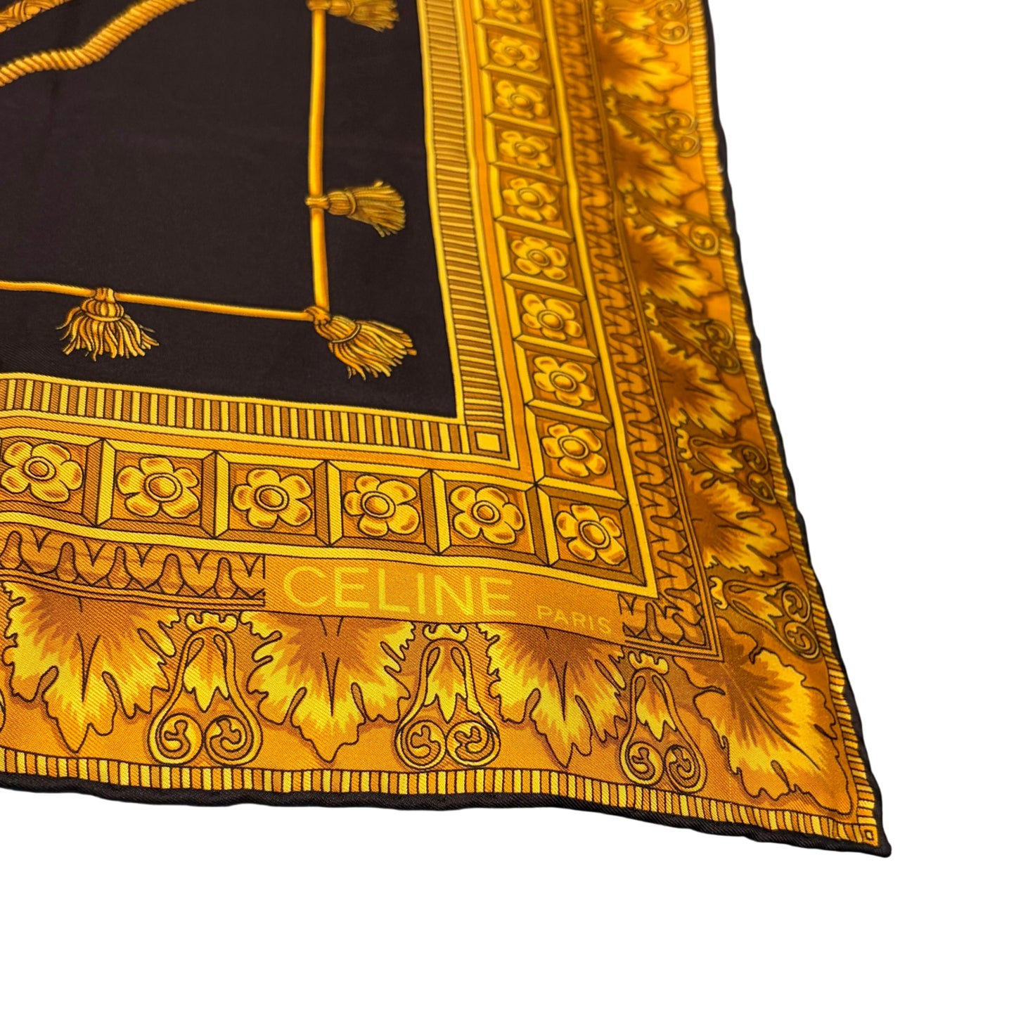 CELINE Vintage Baroque Royal Ornate Large Silk Scarf Black Gold Yellow Classic Pattern 100% Pure Silk Luxury Elegant Collectible Accessory