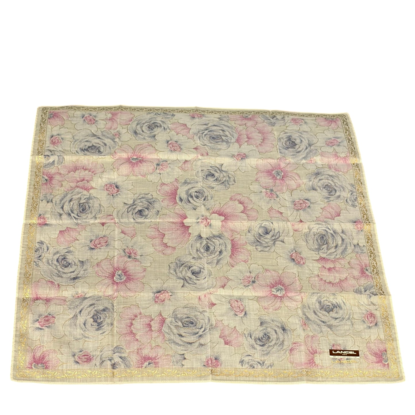 LANCEL Floral Print Silk Scarf Light Pink Sheer Gold Metallic Thread