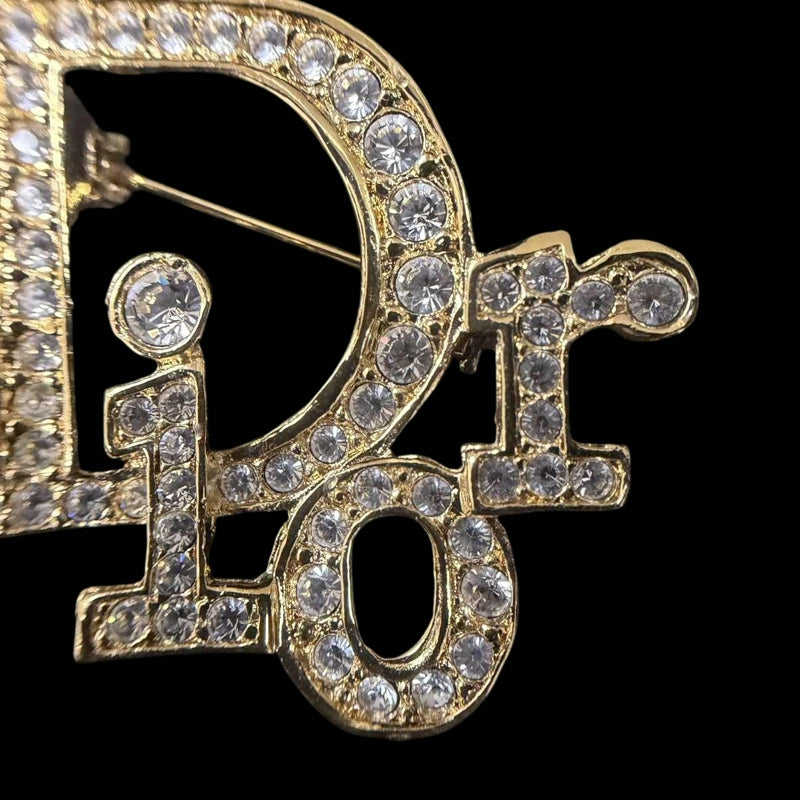 DIOR Gold Alloy Full Crystal Inlaid Logo Brooch, Comes With Original Case