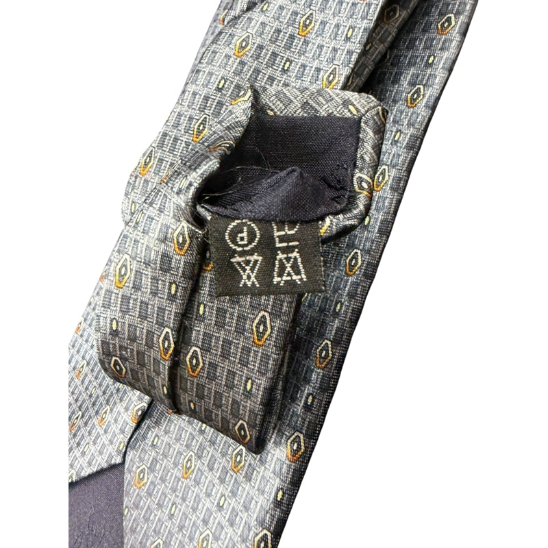 GIANNI VERSACE Micro Geometric Dot Jacquard 100% Pure Silk Tie Blue Gray Gold Accents Round Gold Tone GV Metal Plaque Detail Elegant Formal Business Necktie Luxury Vintage Accessory