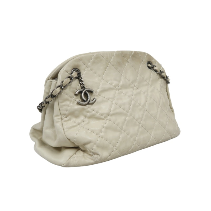 CHANEL Lambskin Shoulder Bag with Chain, Beige, Silver Hardware (Bowling Bag Style, Calfskin, 14K Hardware)