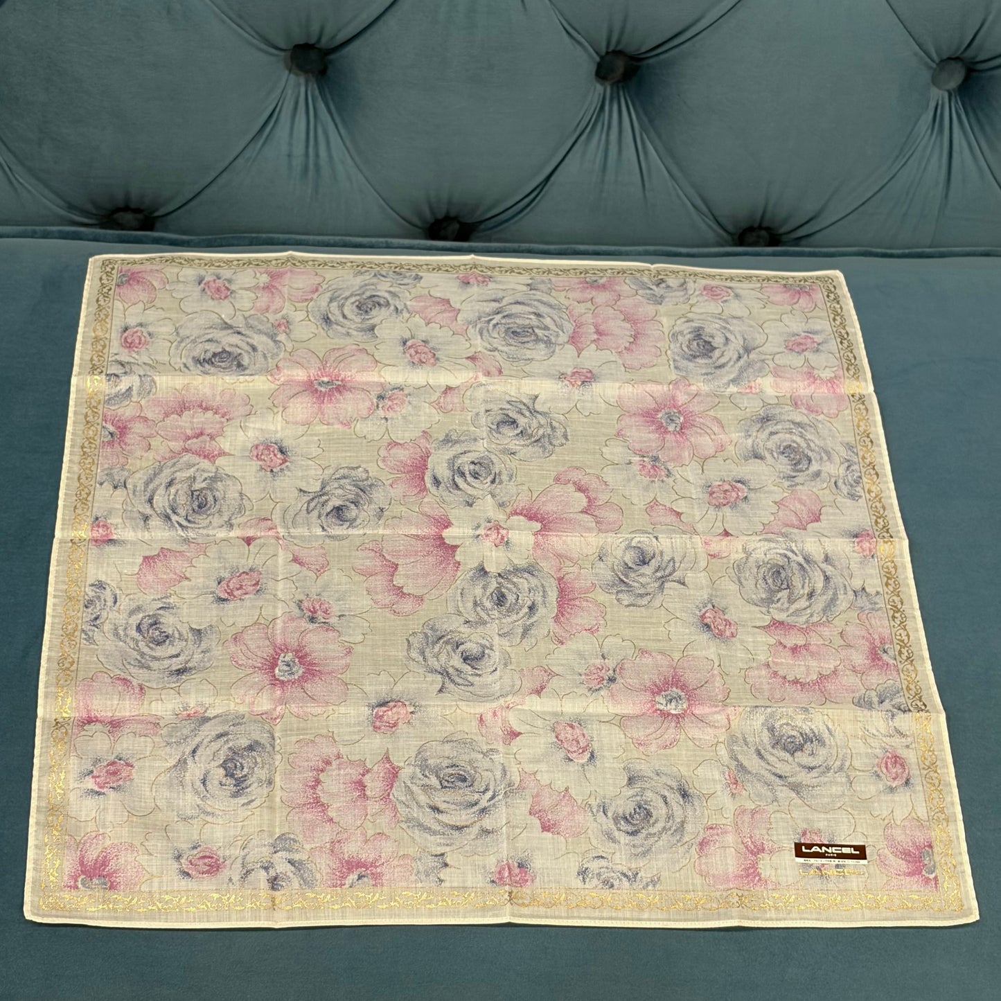 LANCEL Floral Print Silk Scarf Light Pink Sheer Gold Metallic Thread