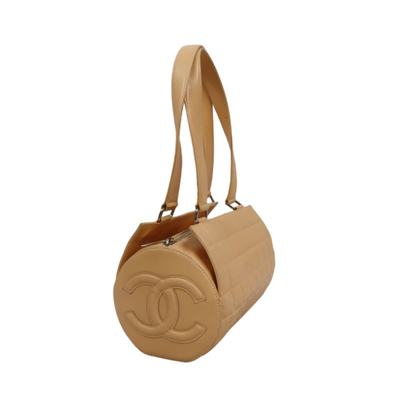 CHANEL Chocolate Bar Mini Boston Drum Bag, Lambskin Leather, Beige, with Guarantee Card