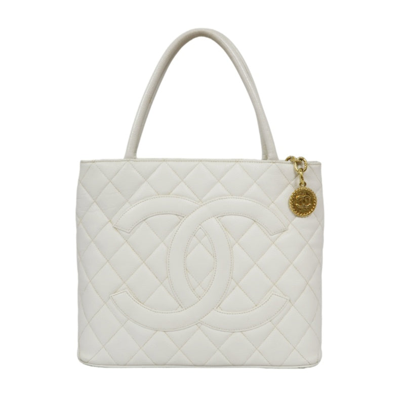 Chanel White Caviar Leather Reissue Matelasse Tote Bag (7 Series) with Gold-Tone Hardware and Guarantee Card