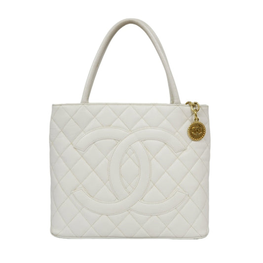 Chanel White Caviar Leather Reissue Matelasse Tote Bag (7 Series) with Gold-Tone Hardware and Guarantee Card