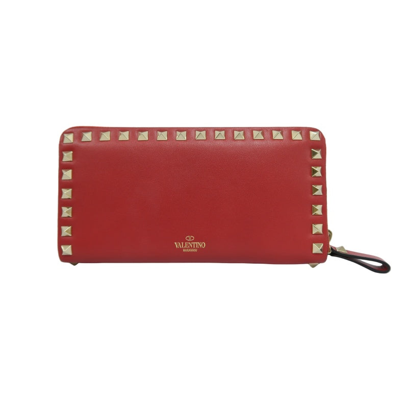 VALENTINO GARAVANI Rockstud Zip Around Wallet Leather Red Gold Stud Hardware