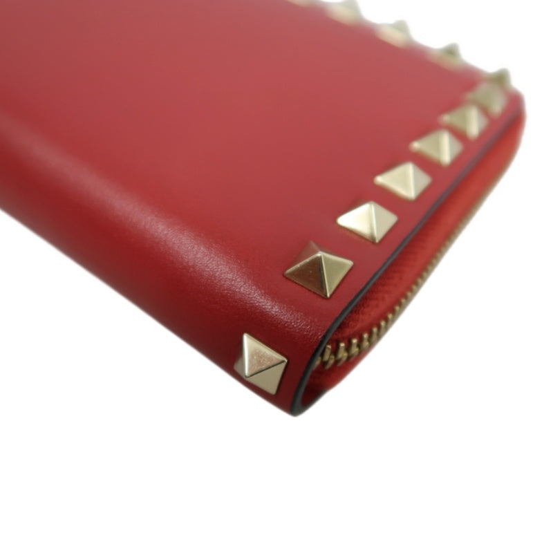 VALENTINO GARAVANI Rockstud Zip Around Wallet Leather Red Gold Stud Hardware