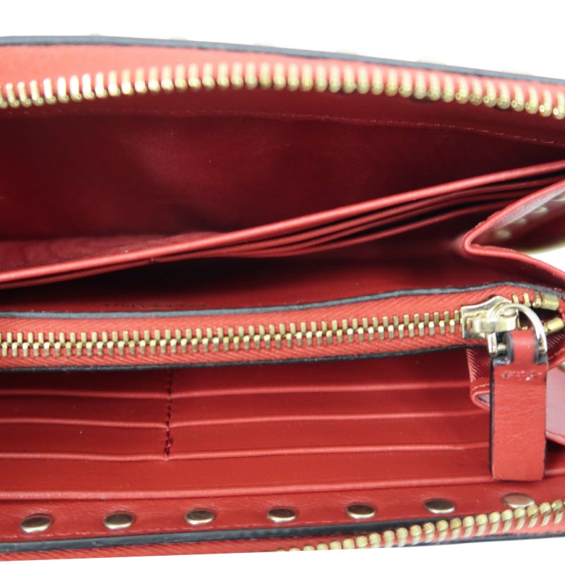 VALENTINO GARAVANI Rockstud Zip Around Wallet Leather Red Gold Stud Hardware