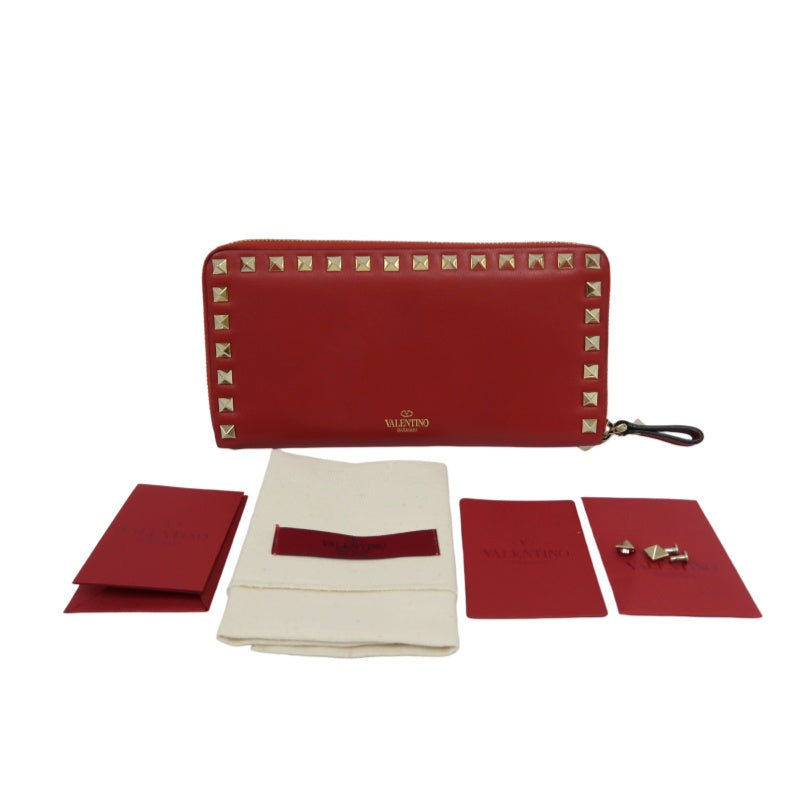 VALENTINO GARAVANI Rockstud Zip Around Wallet Leather Red Gold Stud Hardware