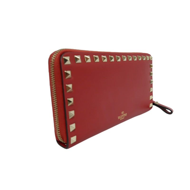 VALENTINO GARAVANI Rockstud Zip Around Wallet Leather Red Gold Stud Hardware