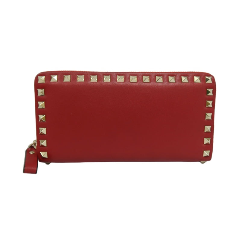 VALENTINO GARAVANI Rockstud Zip Around Wallet Leather Red Gold Stud Hardware