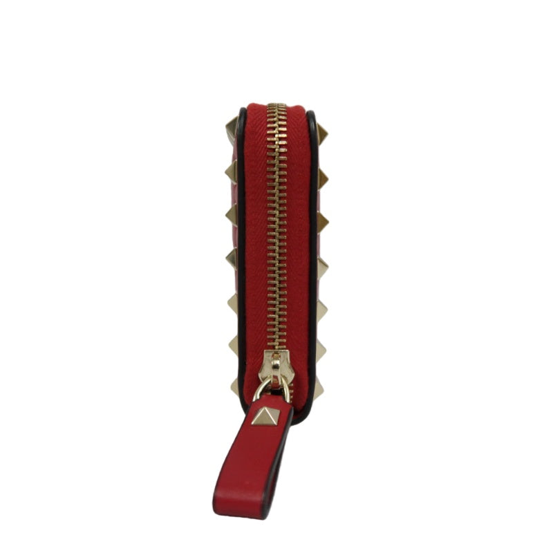 VALENTINO GARAVANI Rockstud Zip Around Wallet Leather Red Gold Stud Hardware