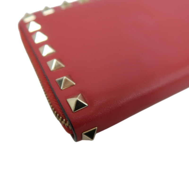 VALENTINO GARAVANI Rockstud Zip Around Wallet Leather Red Gold Stud Hardware