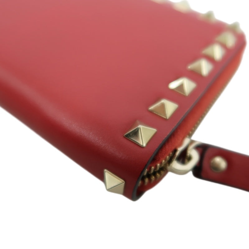 VALENTINO GARAVANI Rockstud Zip Around Wallet Leather Red Gold Stud Hardware