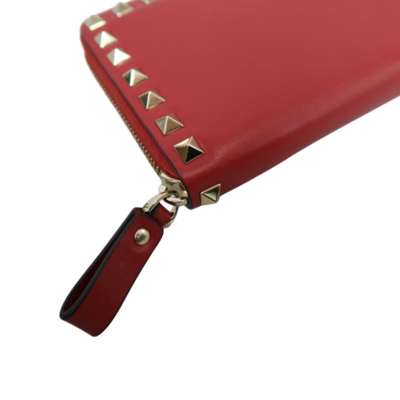 VALENTINO GARAVANI Rockstud Zip Around Wallet Leather Red Gold Stud Hardware
