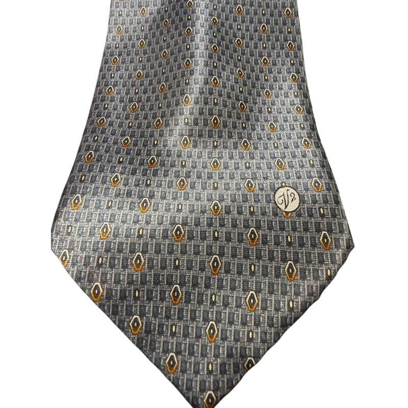 GIANNI VERSACE Micro Geometric Dot Jacquard 100% Pure Silk Tie Blue Gray Gold Accents Round Gold Tone GV Metal Plaque Detail Elegant Formal Business Necktie Luxury Vintage Accessory